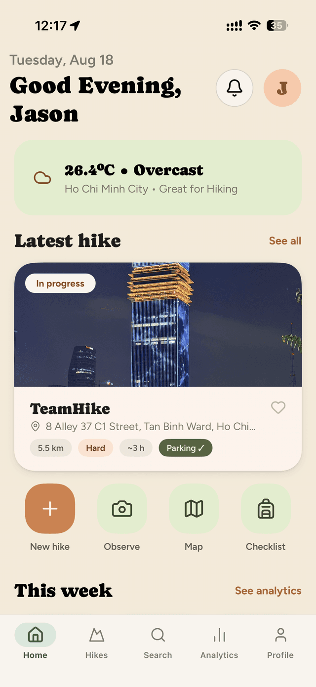 Màn hình chính của Go Hike: thời tiết hôm nay, cung đang đi và tổng kết tuần này.